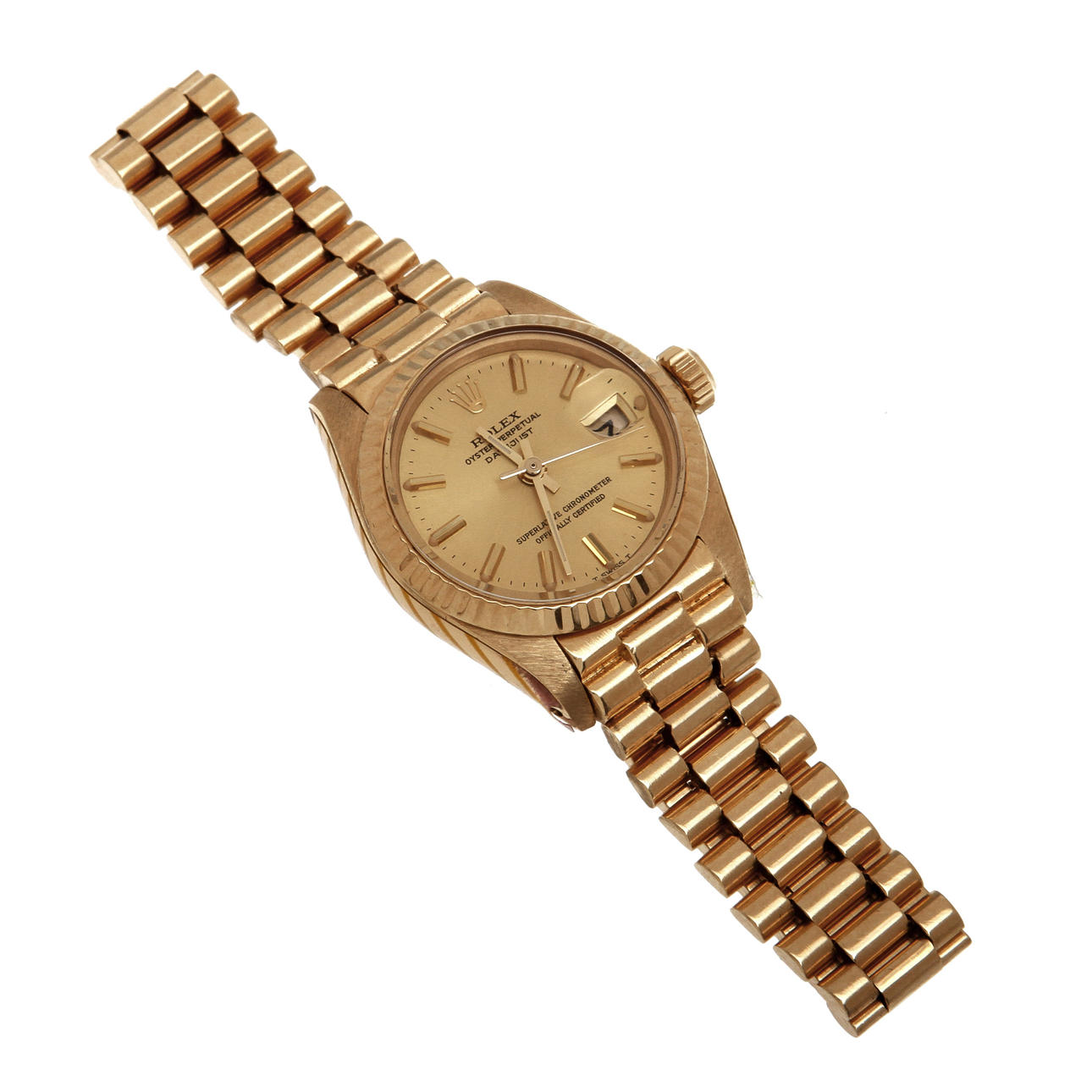 DAMARMBANDSUR "ROLEX OYSTER PERPETUAL DATE JUST 6917". Boett och länk i 18k guld. Vikt ca 67,4 gram.