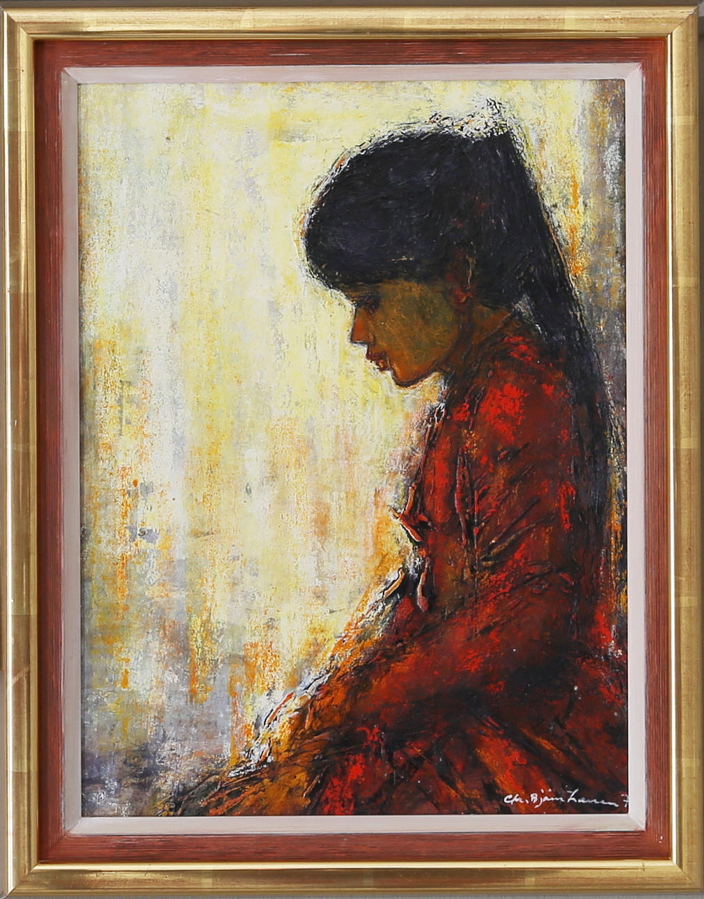 CHRISTIAN BJÖRN LARSÉN. "I tankar", blandteknik på pannå, signerad och daterad.