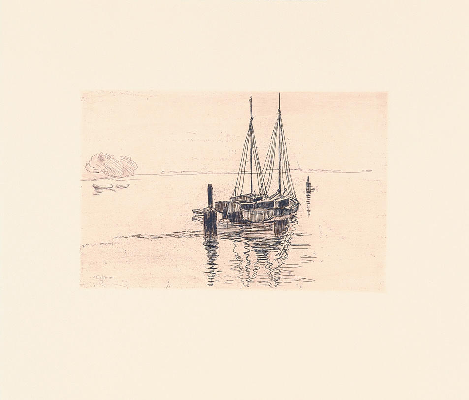 ALEXANDER ECKENER. ”Plattbåt på grunt vatten.” Etsning av akvatint, 1931.