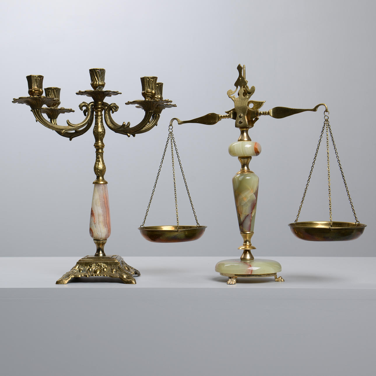 CANDELABES & SCALES, brass & stone, probably Italy.