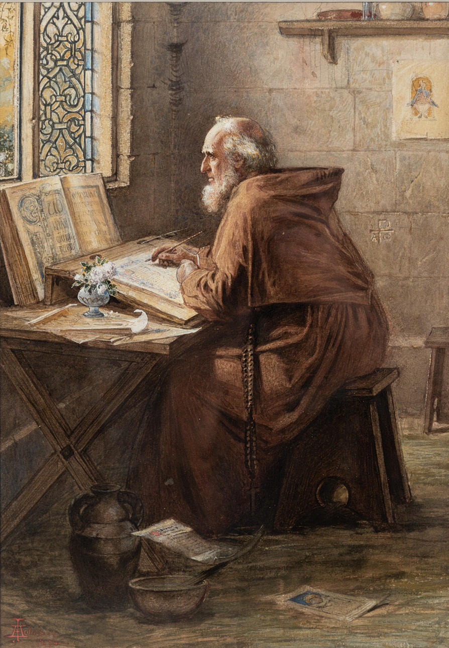 A. JOHNSON. Vesiväri, Munkki kirjoitushuoneessa, 1874.