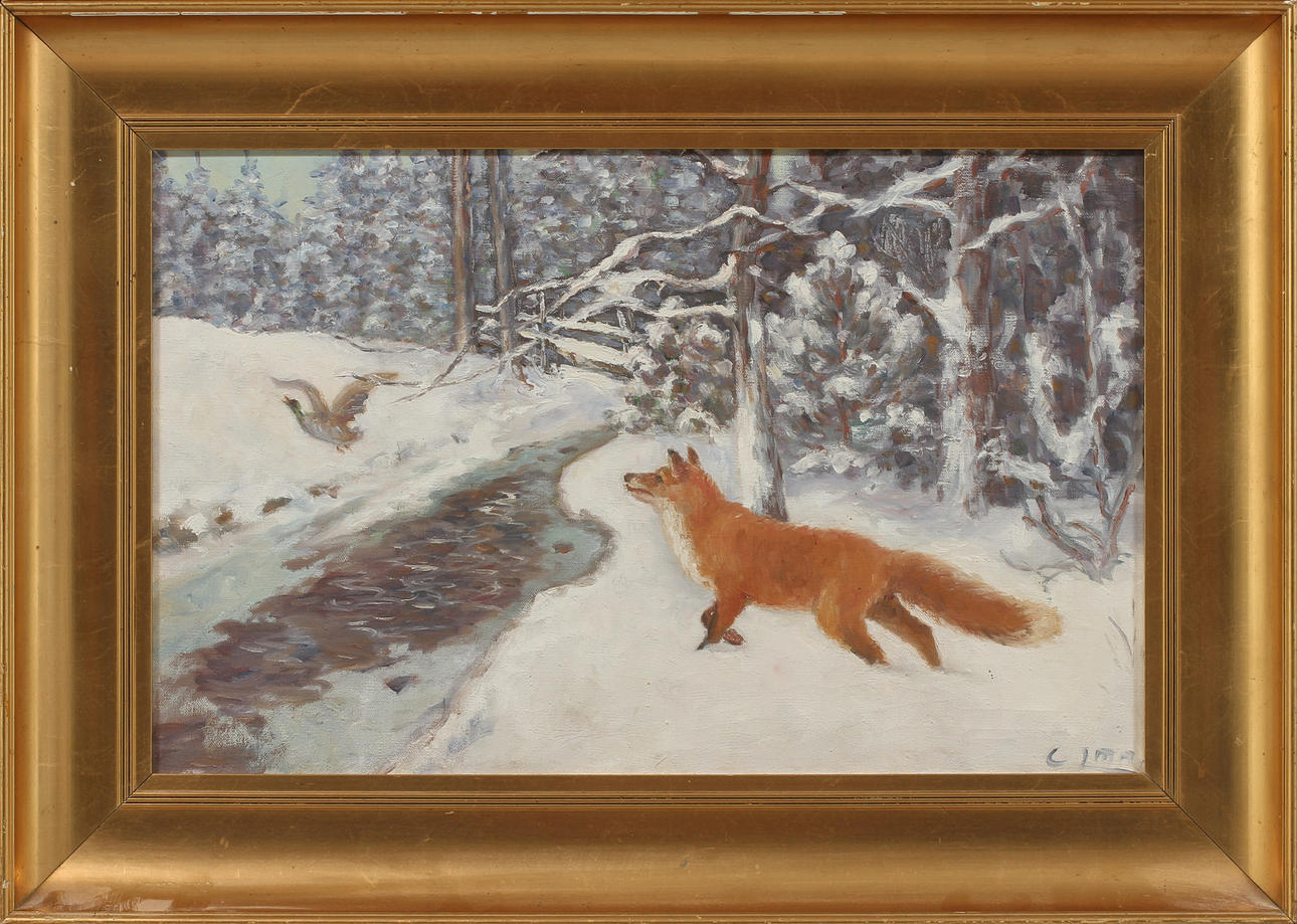OIDENTIFIERAD KONSTNÄR. Räv i vinterlandskap, olja på duk, signerad.