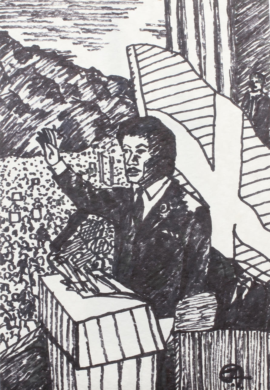 JACOB ANCKARSVÄRD. Free Dawit Isaak, "En återkomst" (efter Dr M L King). Monogramsignerad tuschteckning. Även signerad och daterad a tergo 2013.