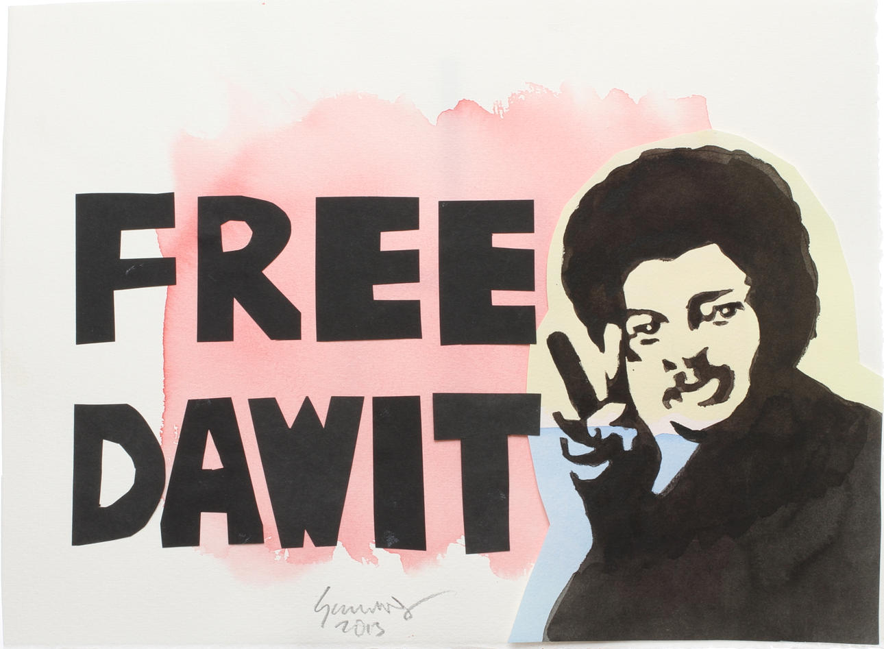 GUNNAR KRANTZ. "Free Dawit" Akvarell och collage, Signerad och daterad 2013.