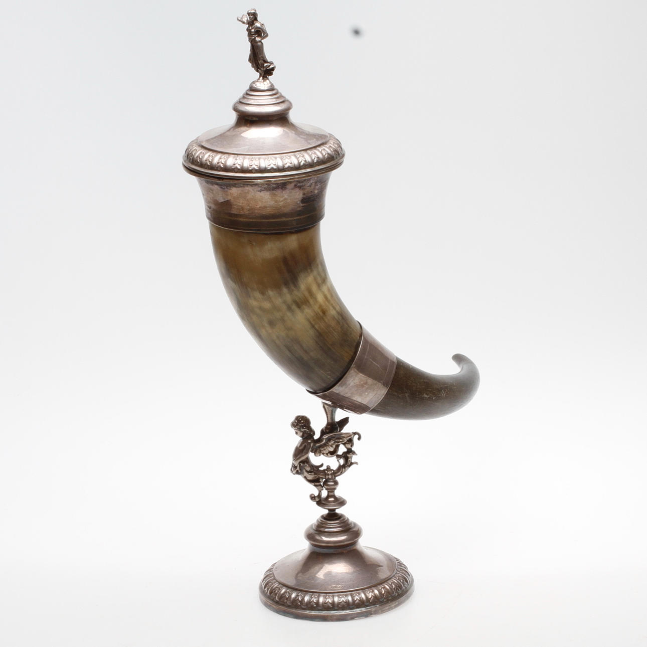 DRYCKESHORN, horn och nysilver, omkring sekelskiftet 1900.