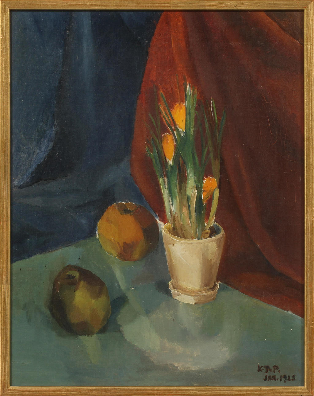 KARIN PARROW. Stilleben med krokus och äpplen. Olja på duk, signerad och daterad 1928.