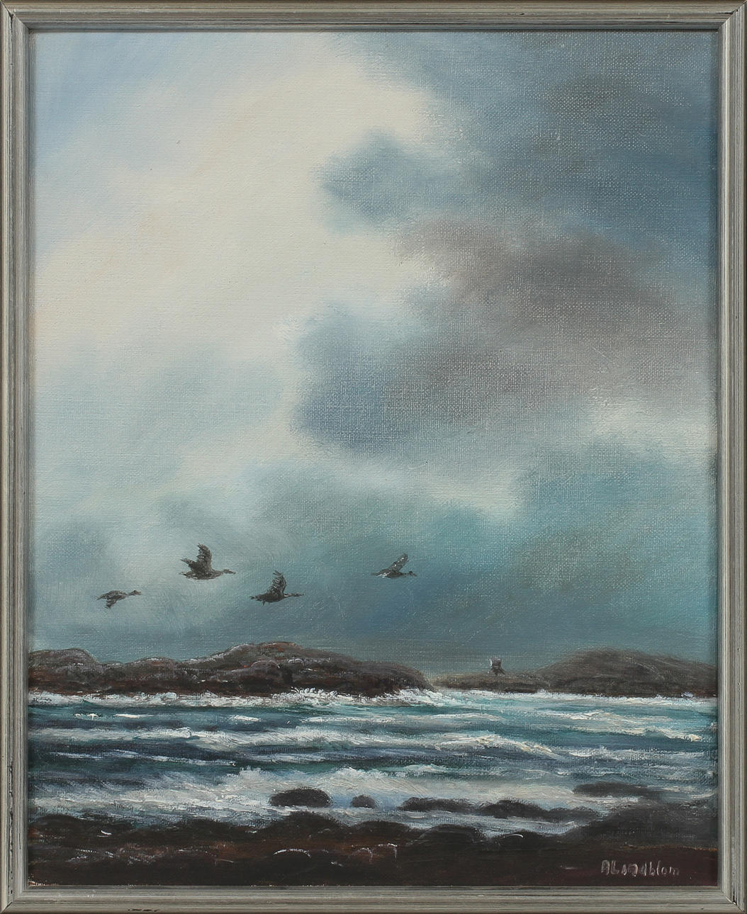 ARNE LINDBLOM. "Fåglar och skär", olja på duk, signerad.