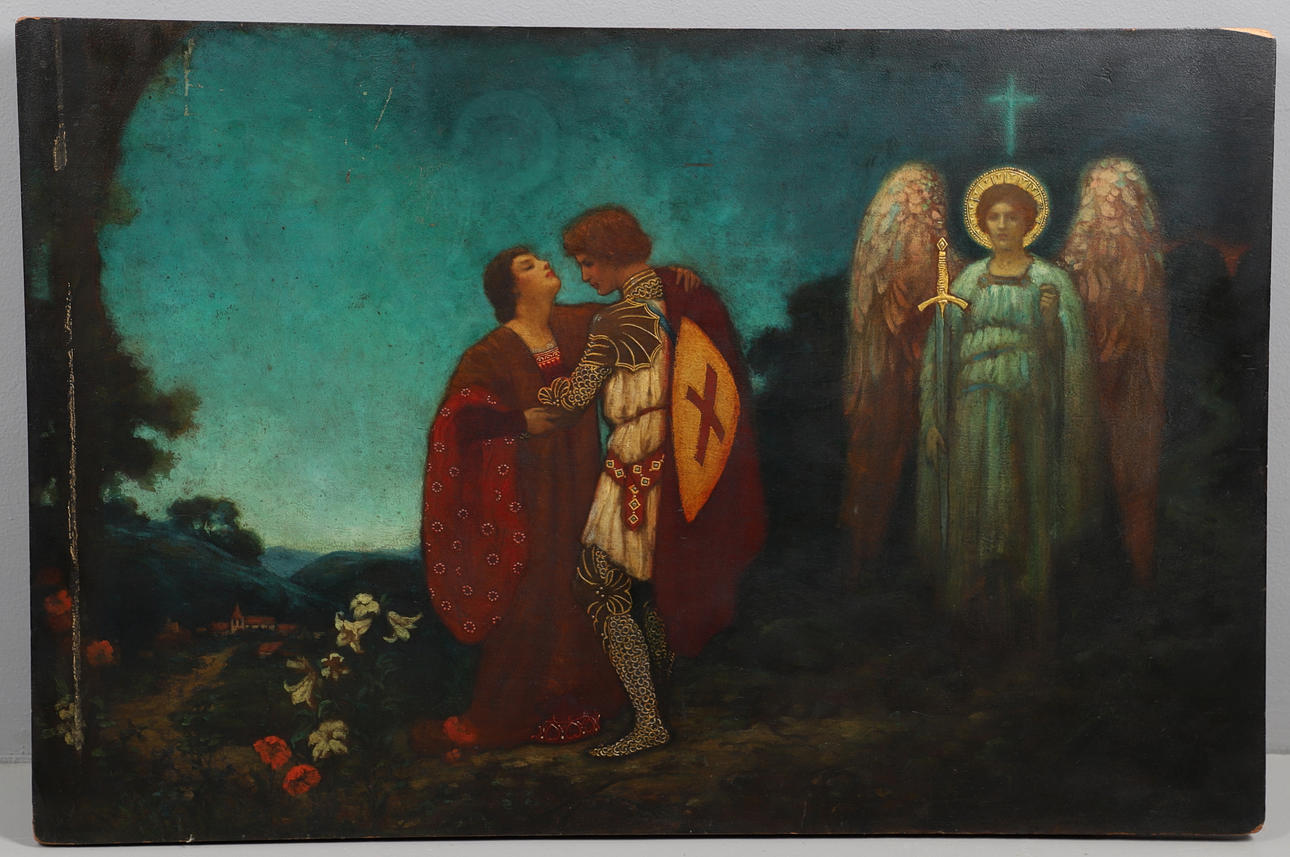 CIRCLE OF JOHN RILEY WILMER (1883-1941). THE MAIDEN, THE KNIGHT AND A GUARDIAN ANGEL.