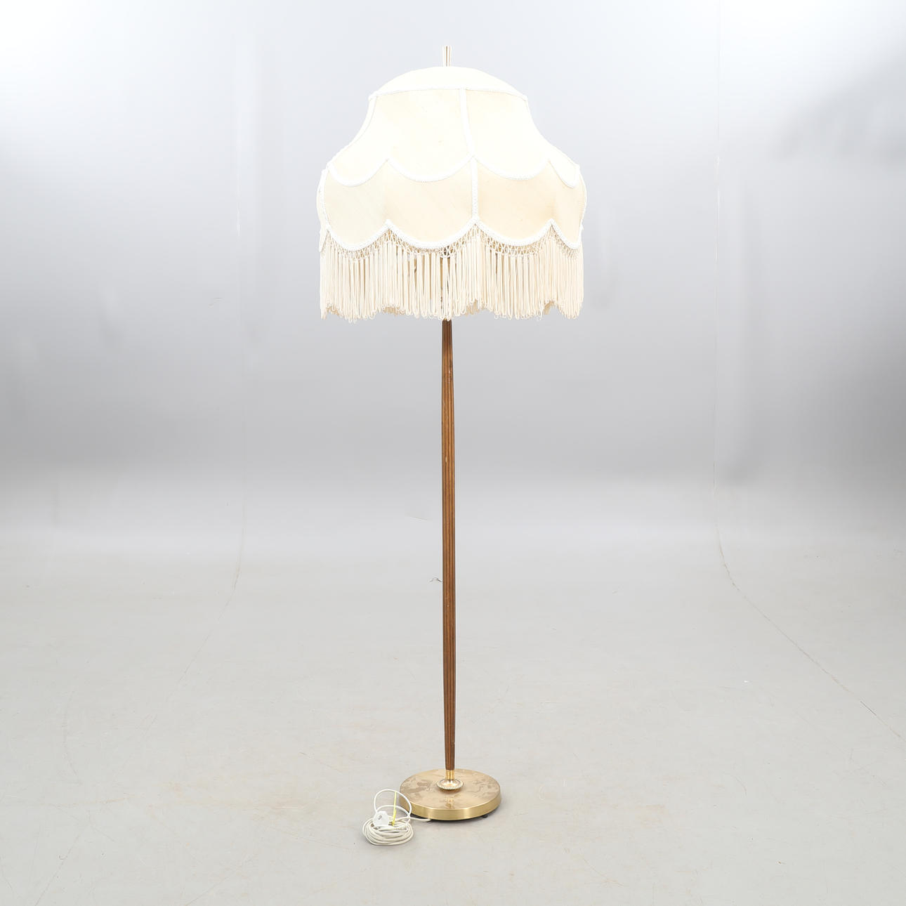 FLOOR LAMP, brass/wood, two light points.