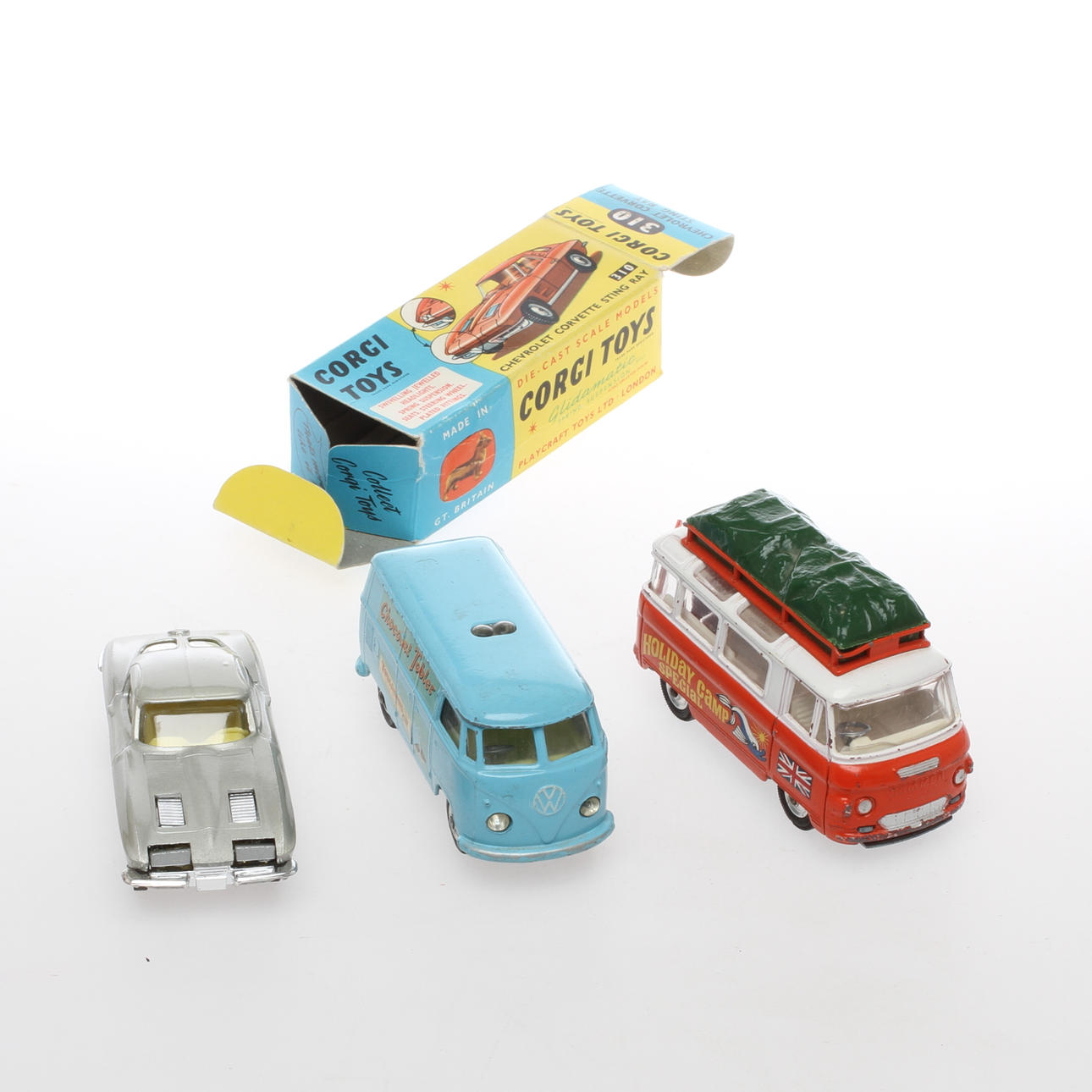 CORGI TOYS Corgi No.310 Chevrolet Corvette Stingray i originalkartong, Commer Camping och VW buss Toblerone.