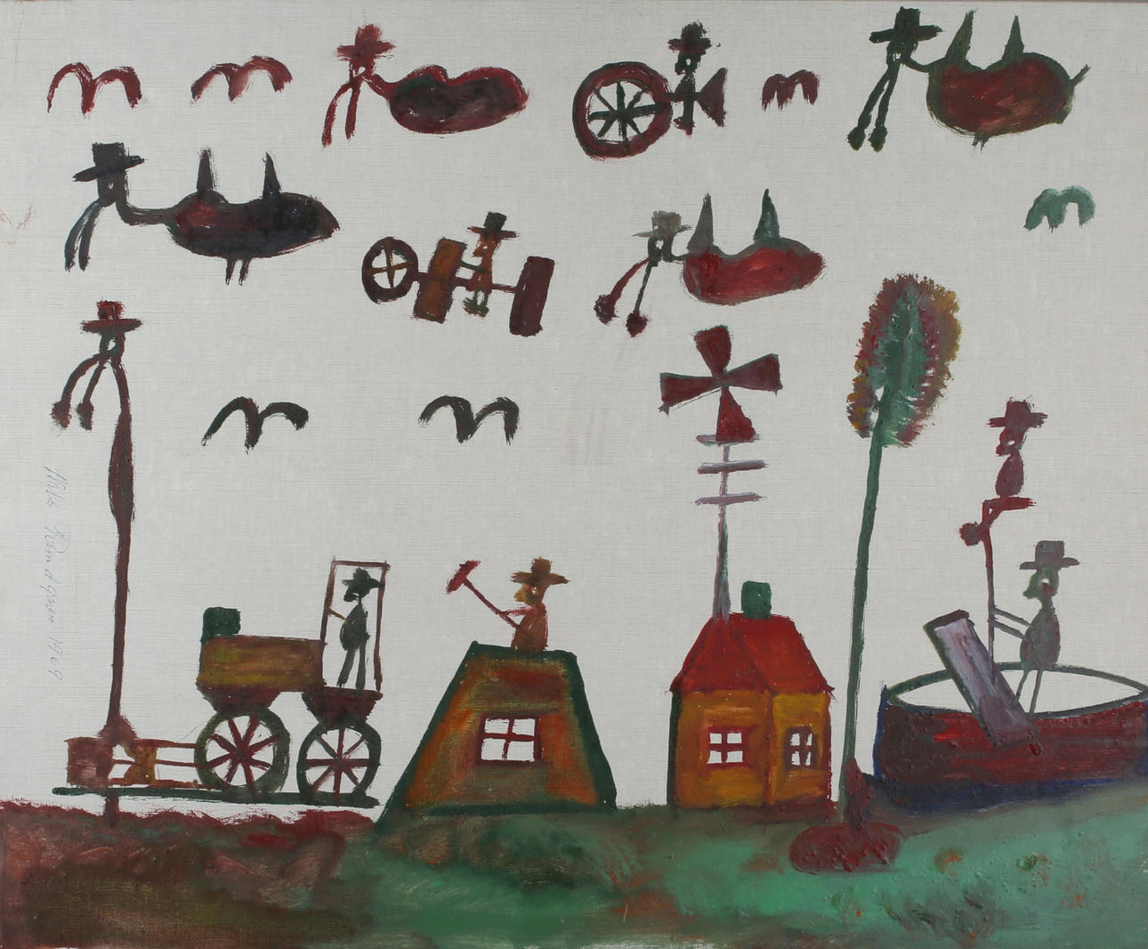 NILS "BJÖRNJÄGARN"RUNDGREN. Naivistisk figurscen, olja på duk, signerad och daterad 1969.