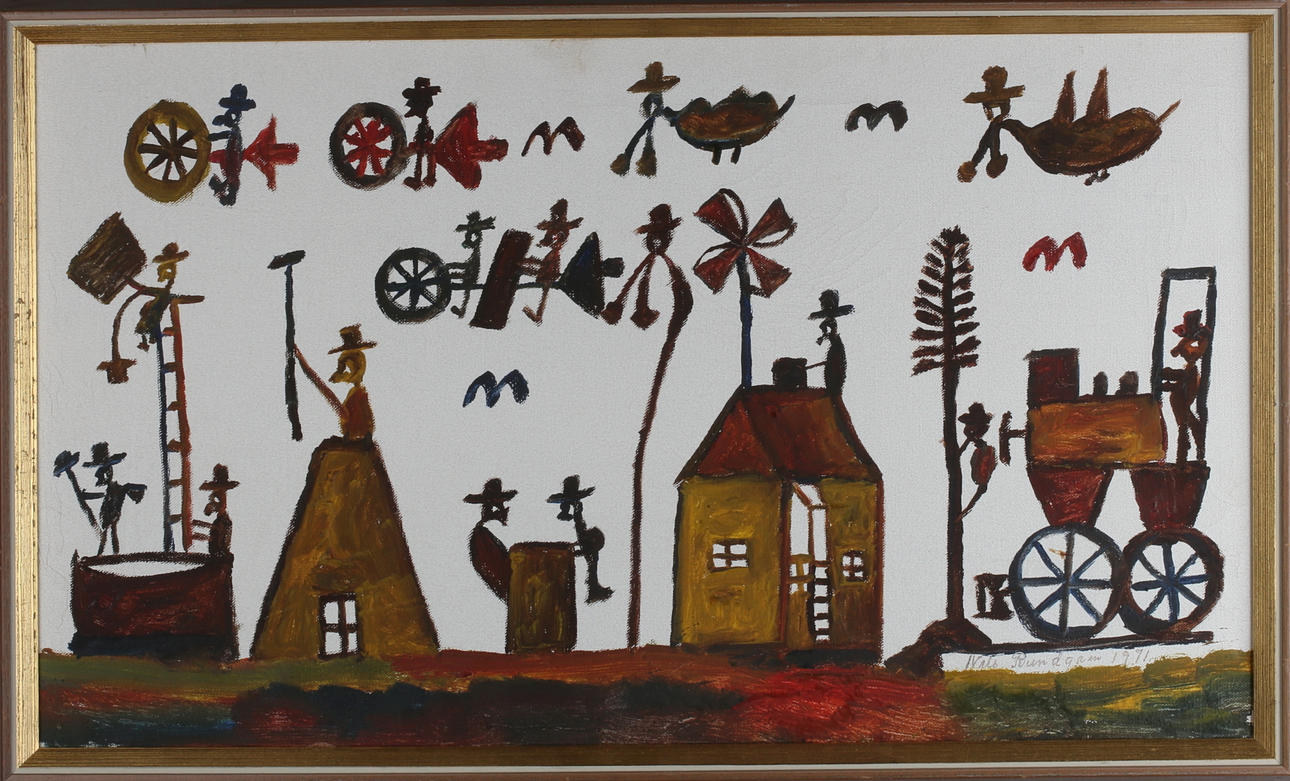 NILS "BJÖRNJÄGARN"RUNDGREN. Naivistisk figurscen, olja på duk, signerad och daterad 1971.