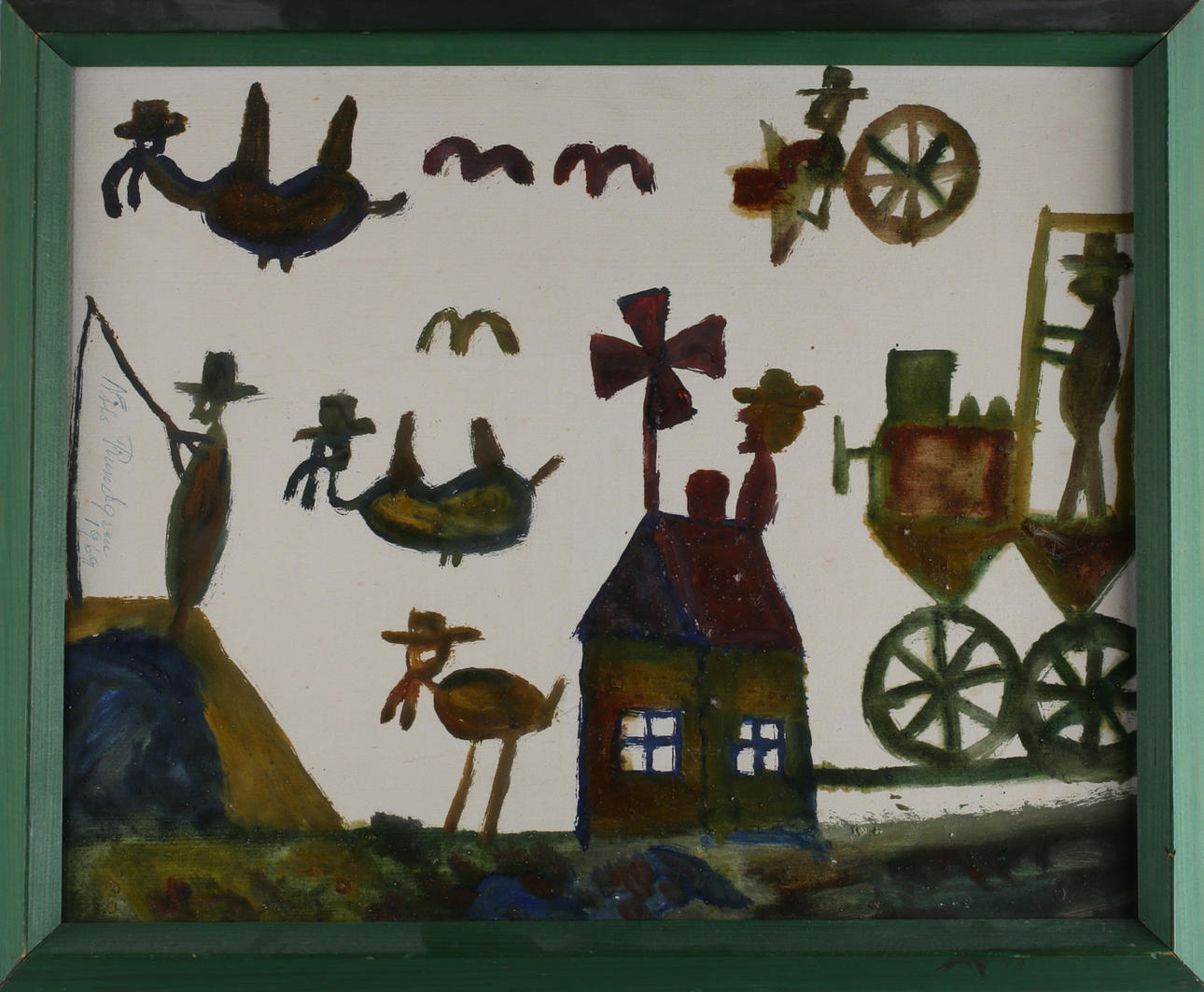NILS "BJÖRNJÄGARN" RUNDGREN. Naivistisk figurscen, blandteknik, signerad och daterad 1969.