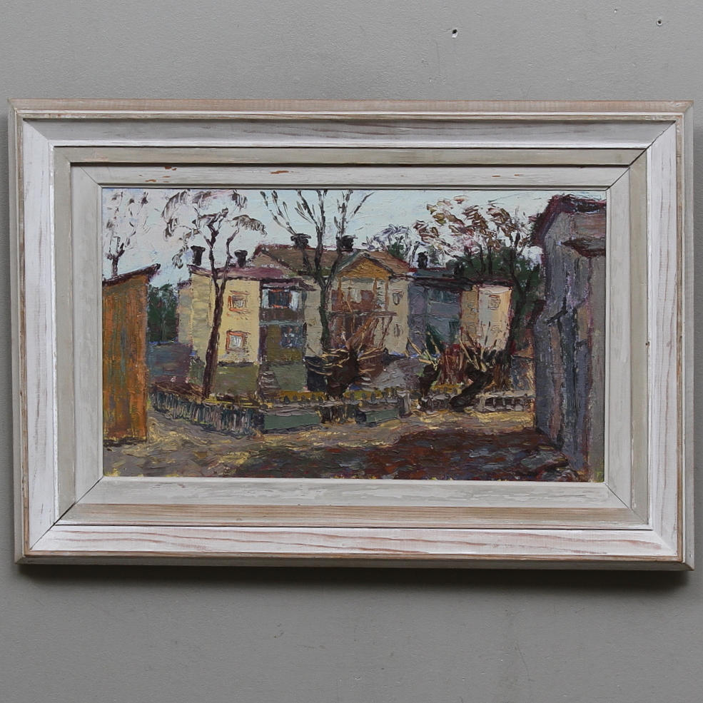 KALLE LODÈN. TILLSKRIVEN. Motiv med trädgård och hus. Olja på duk. Påskrift a tergo Karl Lodén.