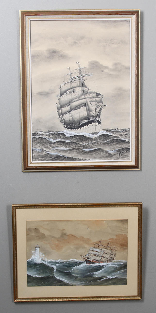 MARINBILDER 2 st. Monogramsign. Gouacher.