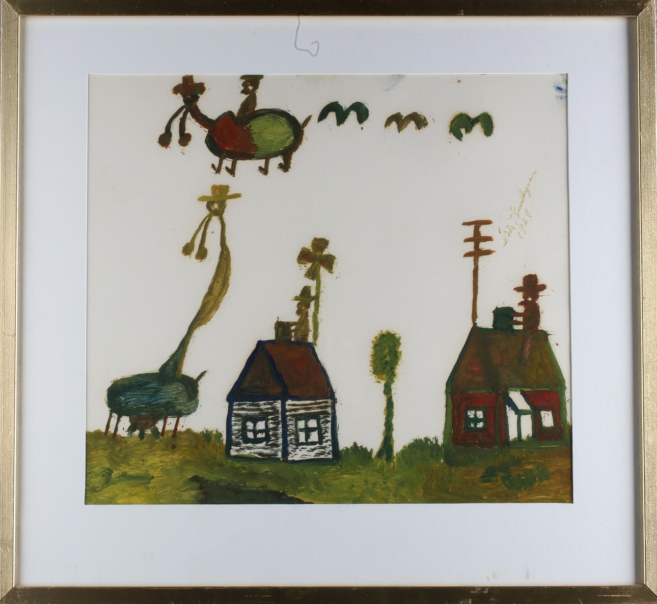 NILS " BJÖRNJÄGARN" RUNDGREN. Naivistisk figurscen, blandteknik, signerad samt daterad 1969.
