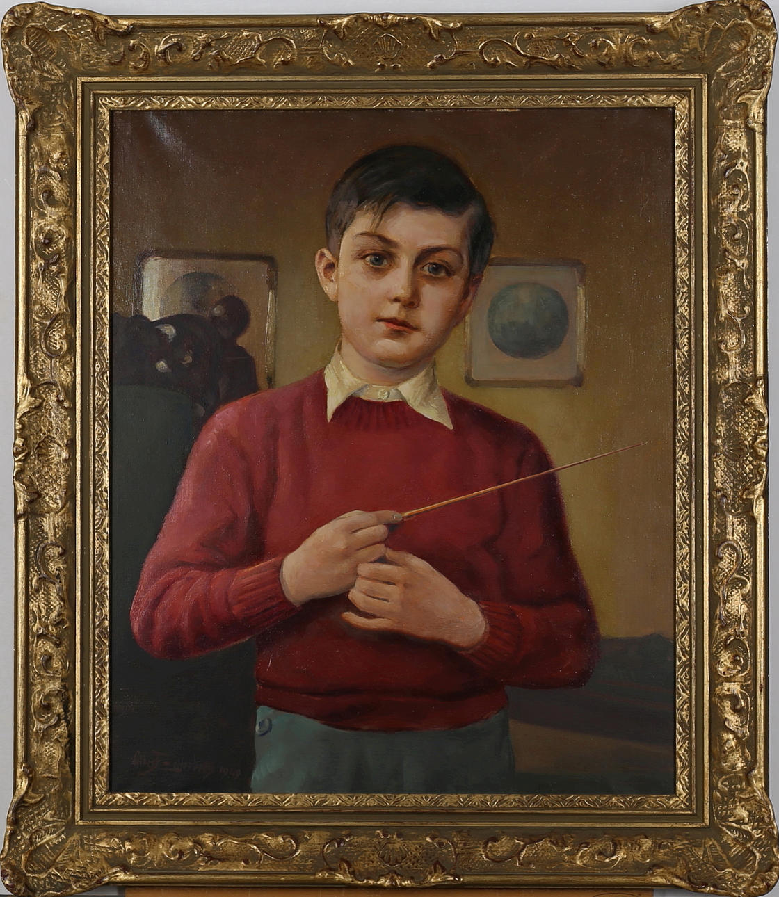 ALBERT ZETTERBERG. Pojke med pekpinne, olja på duk, signerad.