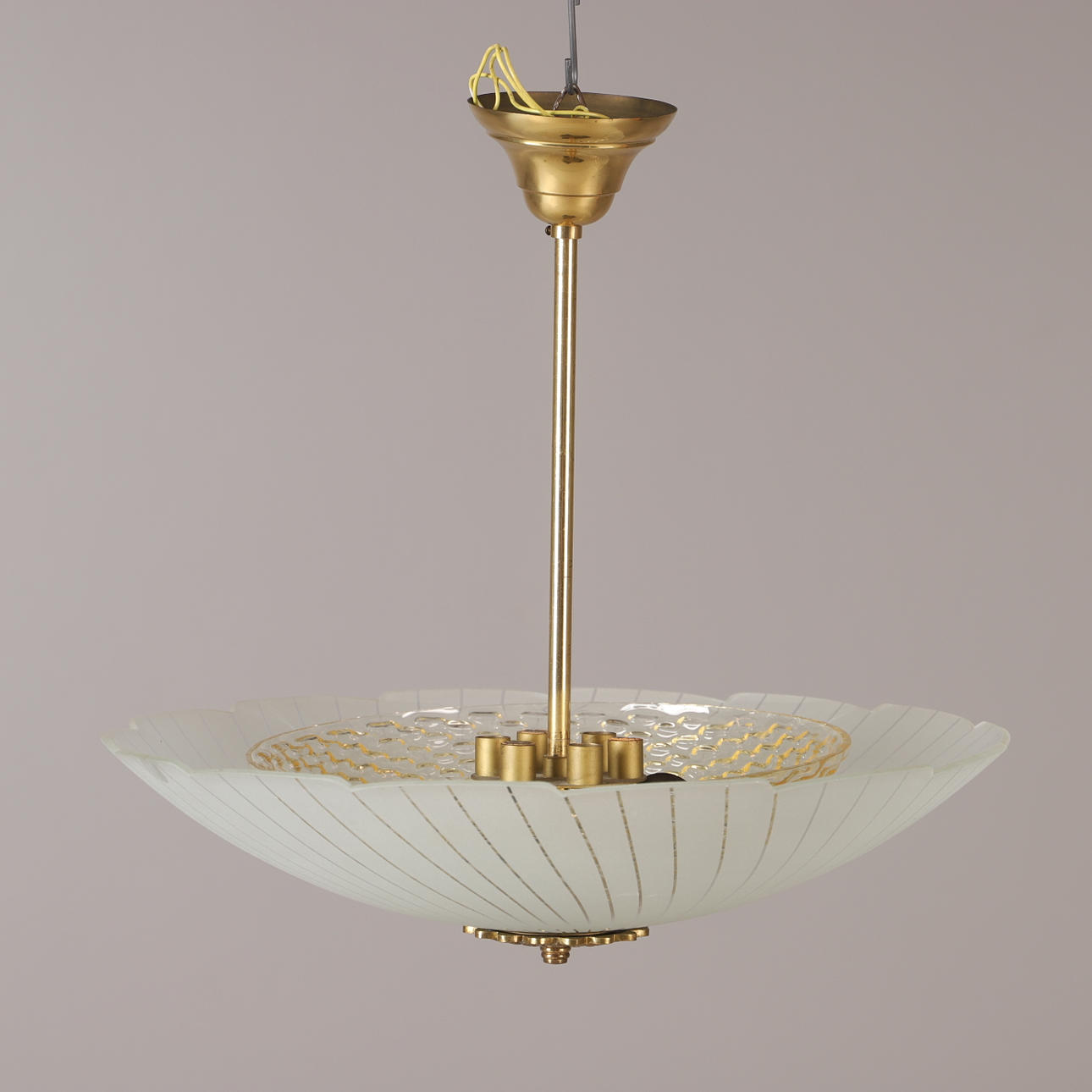 CEILING LAMP, brass with glass domes, Orrefors.