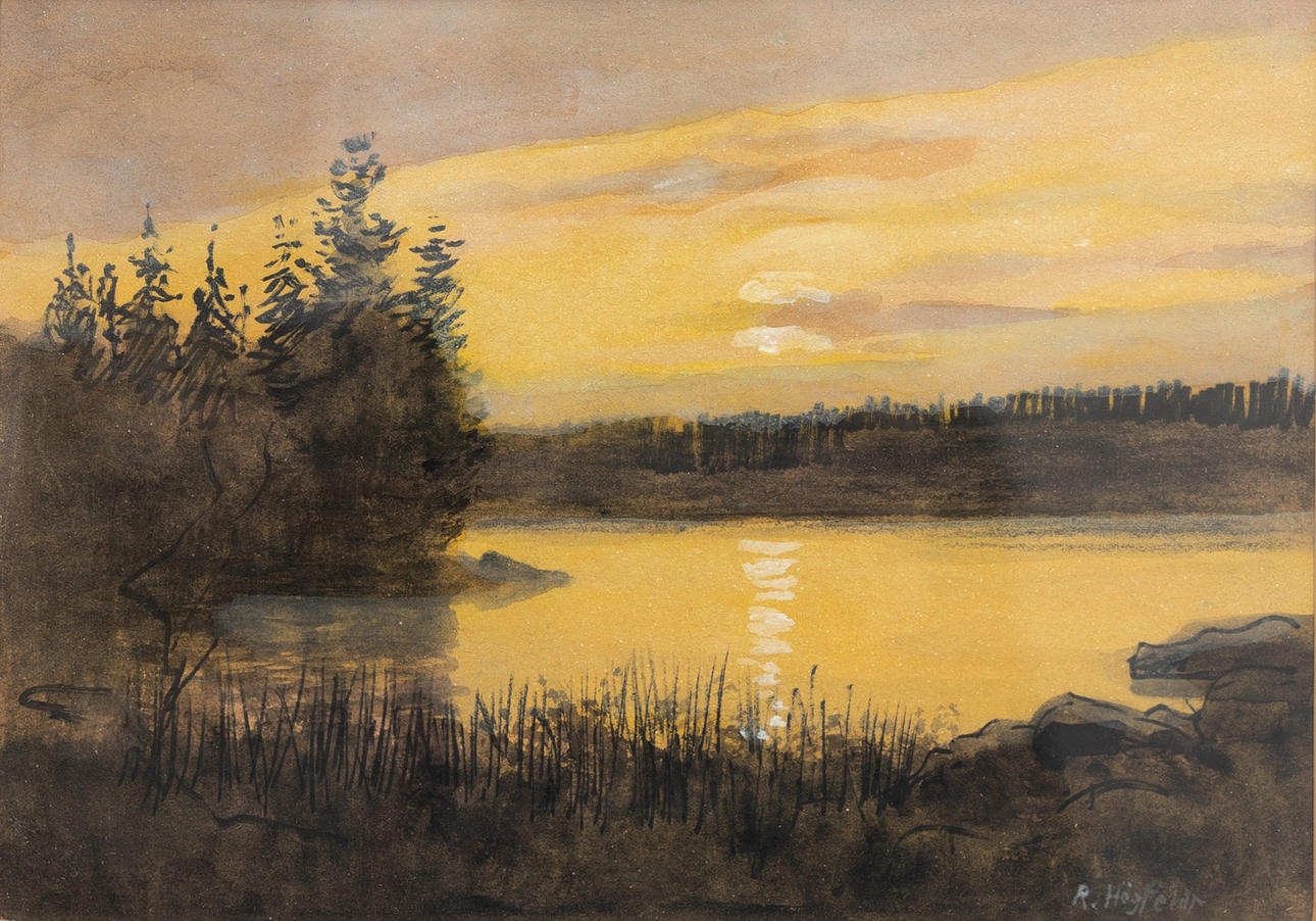 ROBERT HÖGFELDT. Sunset by lake, watercolor, signed.