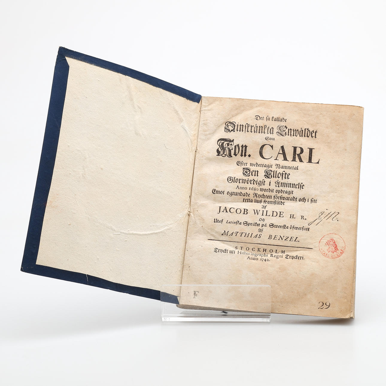 BOG AF CARL XI, Jacob Wilde, 1742.