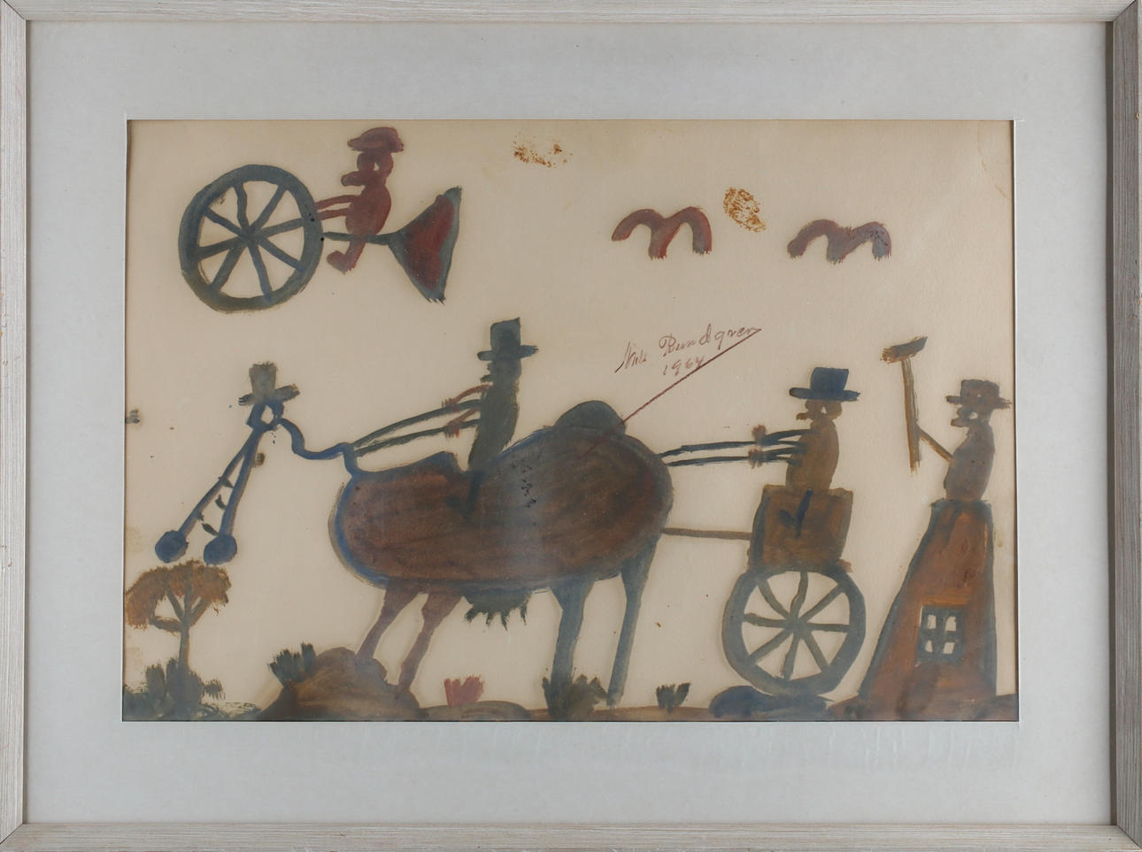 NILS " BJÖRNJÄGARN" RUNDGREN. Figurkomposition, blandteknik, signerad samt daterad 1964.