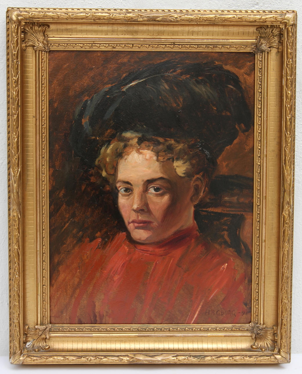 AUGUST HAGBORG. Dam i hatt. Olja på pannå, signerad -98.