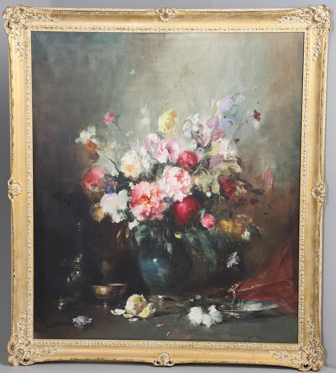 ENDRE KOMPOCZY BALOGH (1911-1977). A BOWL OF SUMMER FLOWERS WITH OTHER VESSELS, UPON A TABLE.