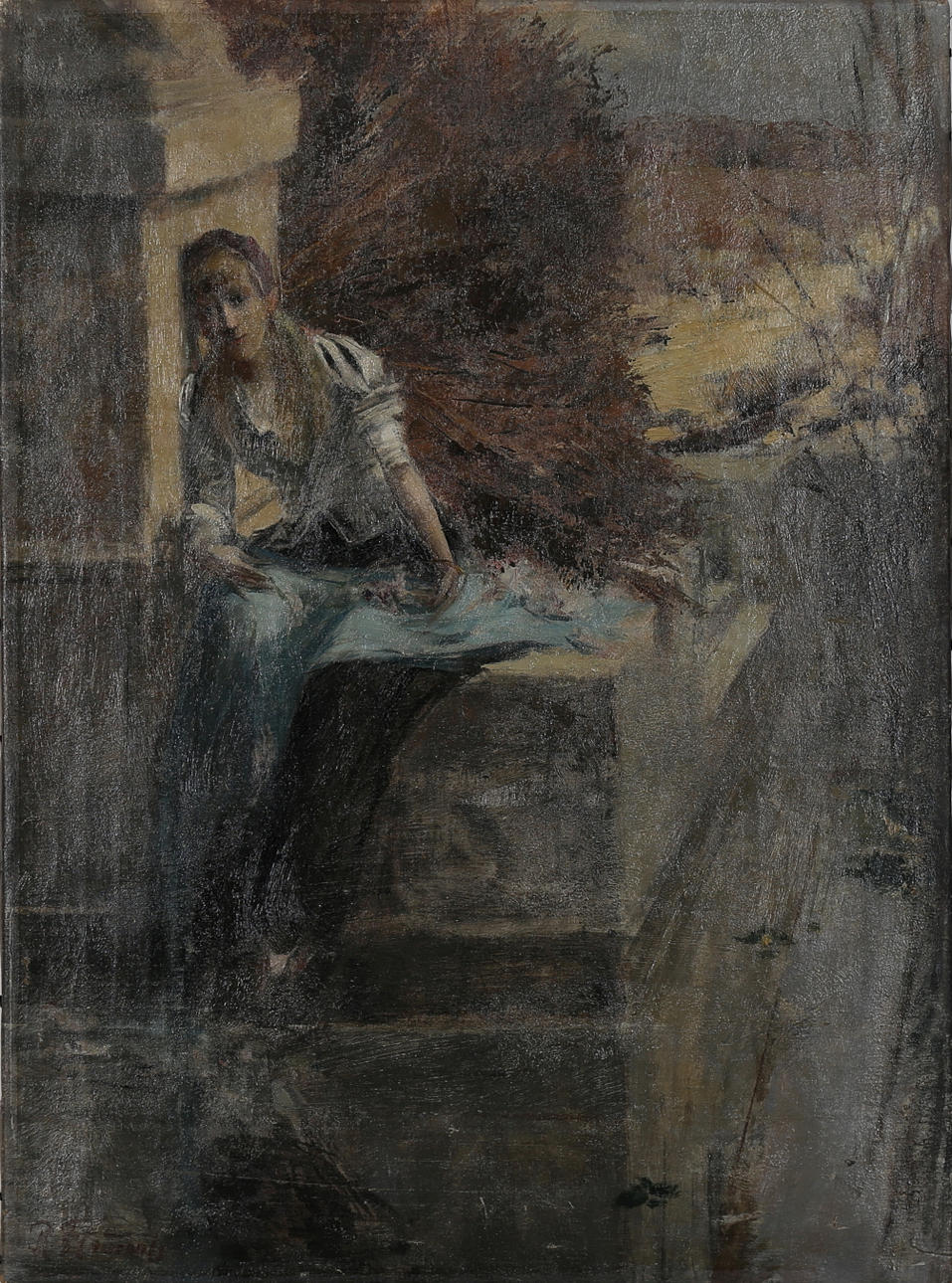 RENEE FLOURENS. Sittande kvinna vid monument, olja på duk, signerad R Flourens.