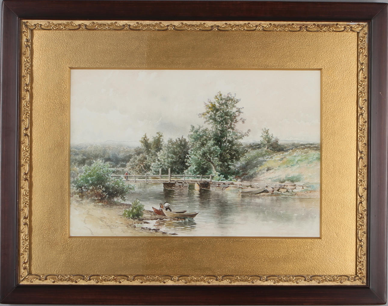 GEORGES W WATERS. Landskap med vattendrag och människor, akvarell, signerad.