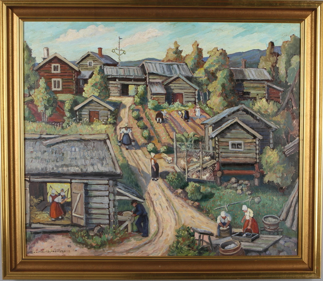 AKKE HUGH MALMESTRÖM. Gårdsmotiv med figurer, olja på pannå, signerad och -40.