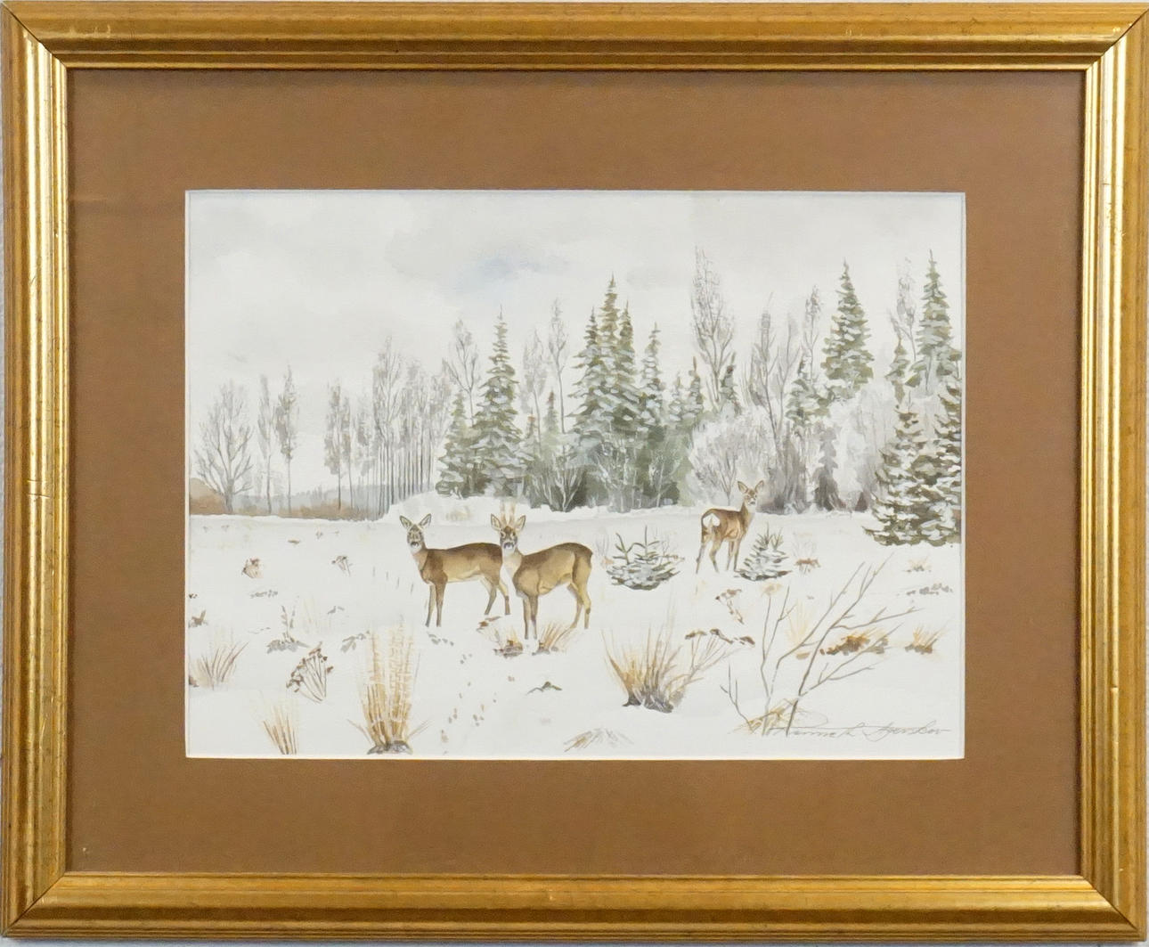 KENNETH AGERSKOV. Watercolour, Three deer, signed.