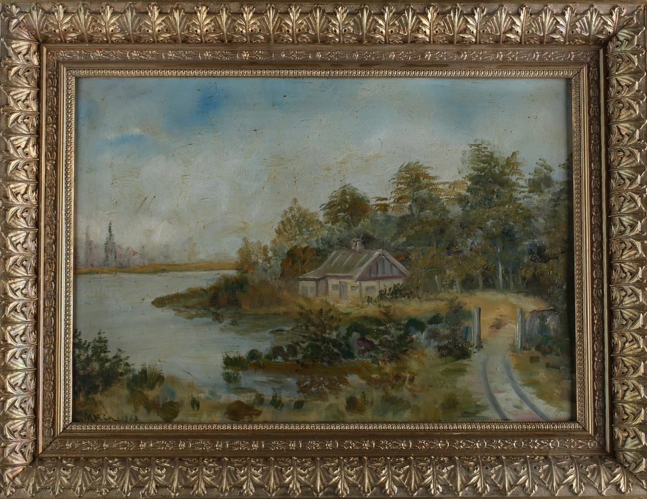 OIDENTIFIERAD KONSTNÄR. Hus vid sjö, olja på pannå, signerad L Molin.