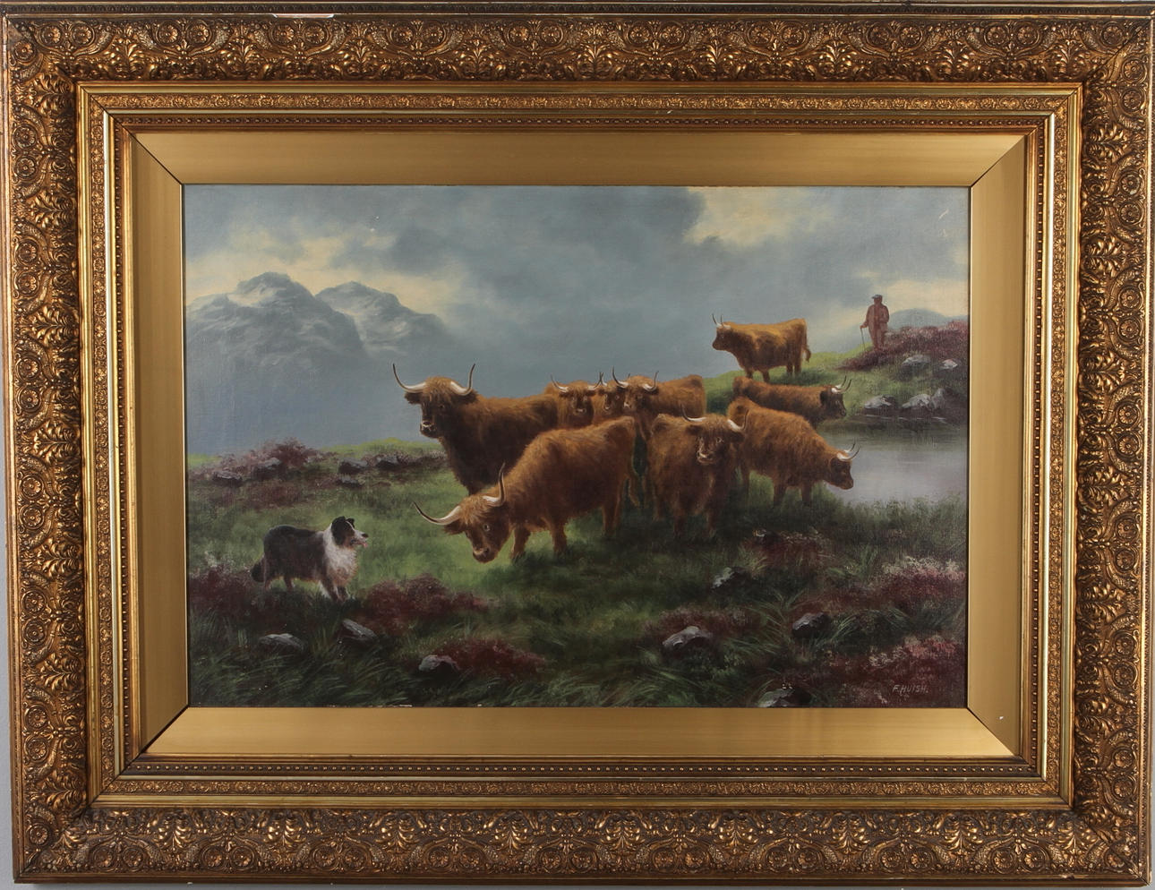 OIDENTIFIERAD KONSTNÄR. Bonde med boskap och hund, olja på duk, signerad F. HUISH.
