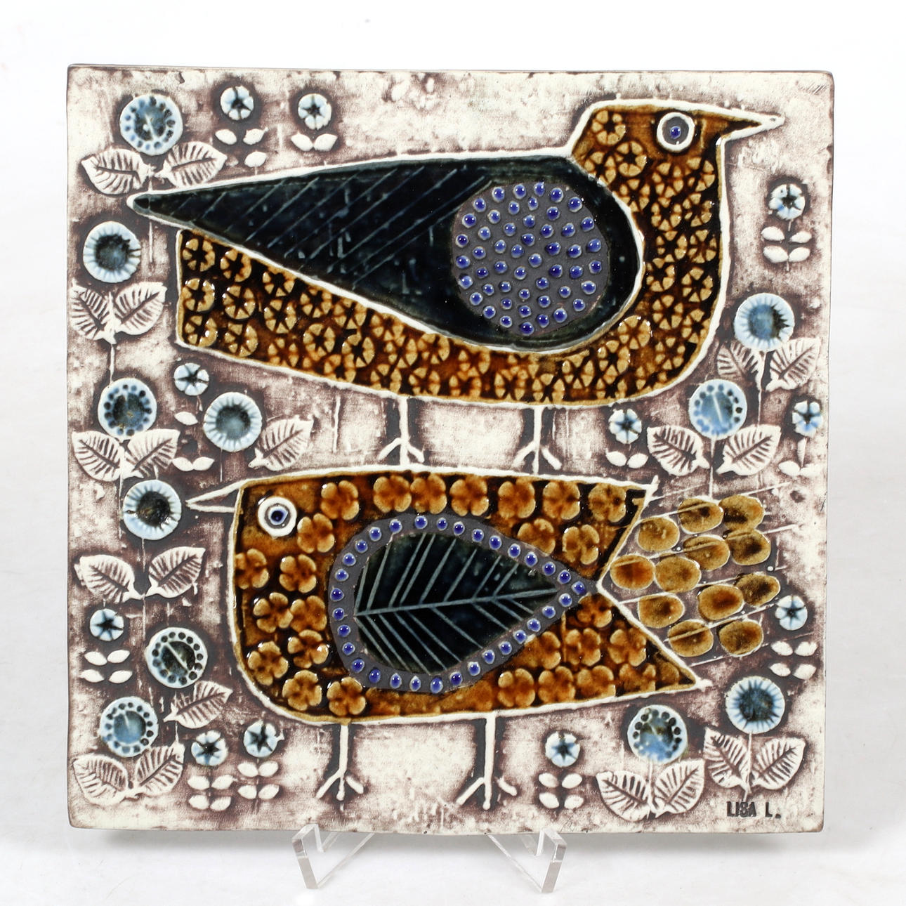 LISA LARSON. Wandgemälde, Steinzeug, Vögel, Gustavsberg.