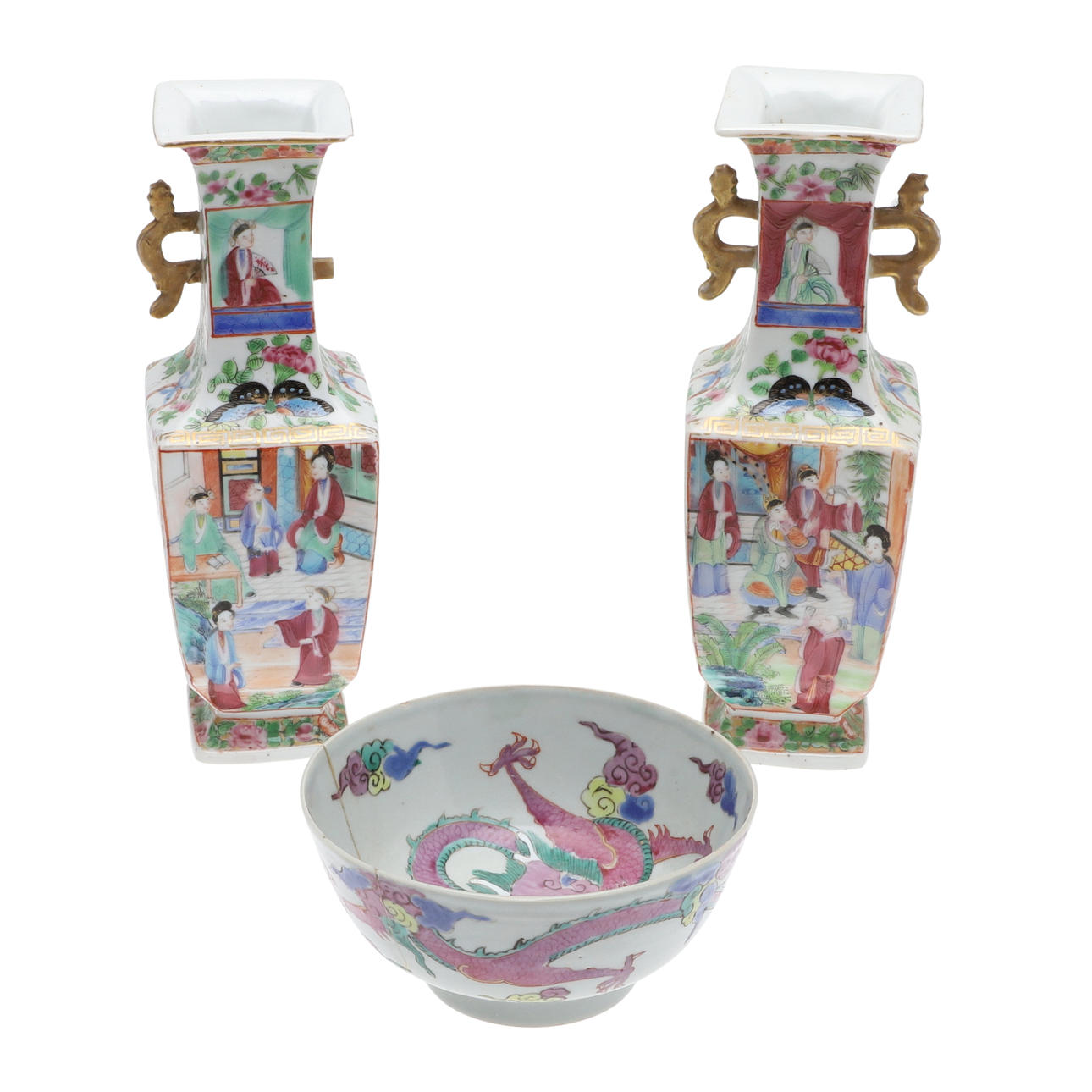 PAR DE JARRONES Y CUENCOS CHINOS CANTONESES.