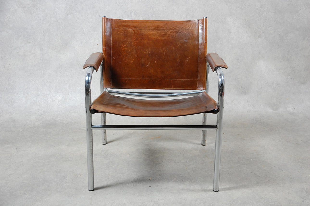 KARMSTOL, skinn, stålrör, 1970- tal.
