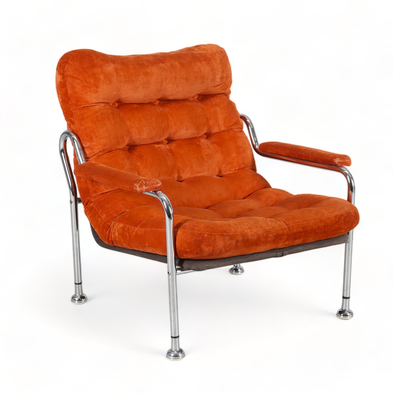 BO EIGERT. Fåtölj, krom/textil, "Stålbo", B Eigert AB, Hova, 1970-tal.