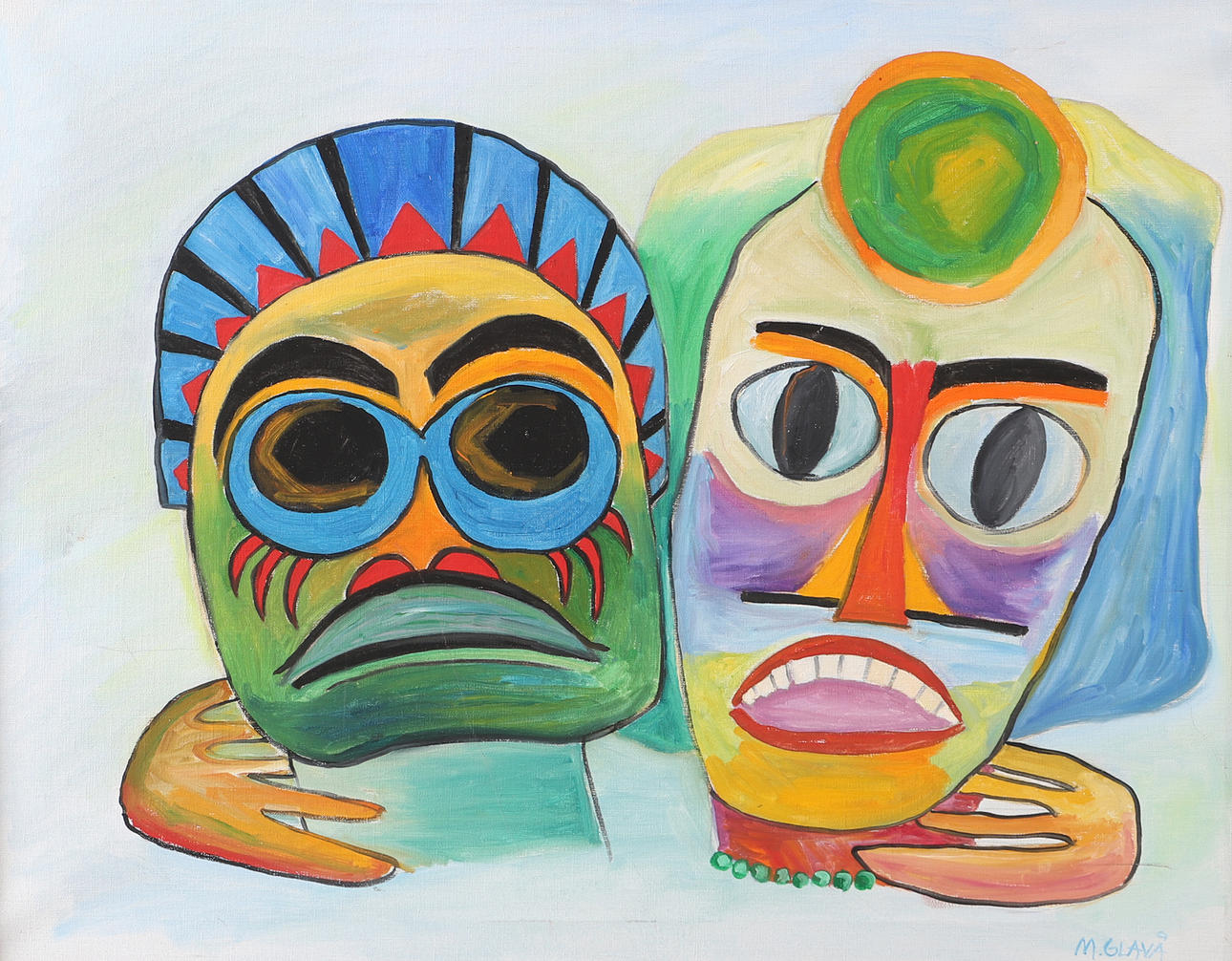 OIDENTIFIERAD KONSTNÄR. Masks, oil on canvas, signed M. Glavå.