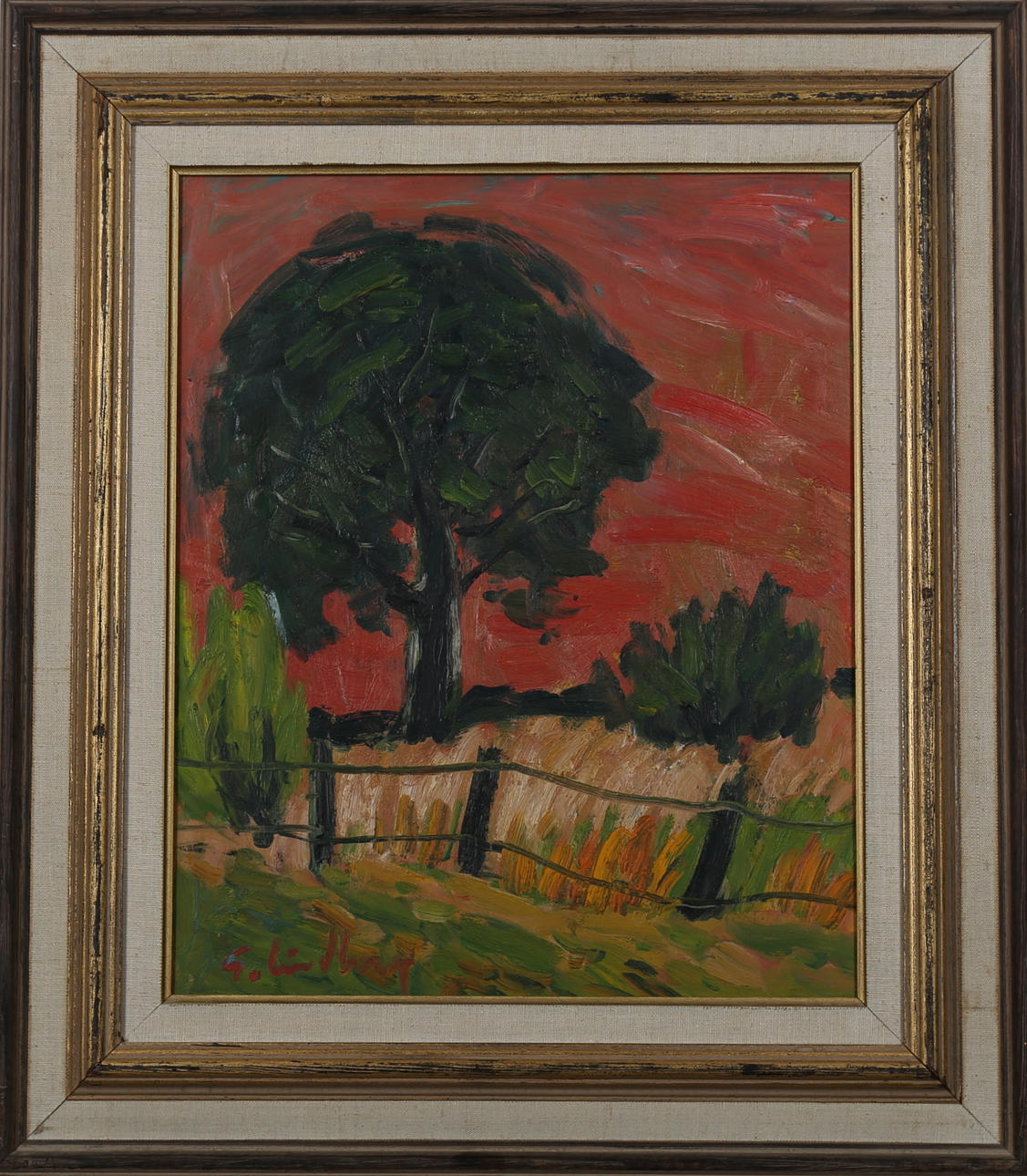 GUNNAR LINDBERG. "Träd mot aftonhimmel", olja på pannå, signerad G Lindberg.