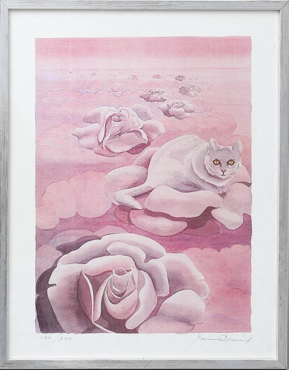 MARIANNE BLAESILD. Rosor och katt. Färglitografi, signerad, numrerad 120/200.