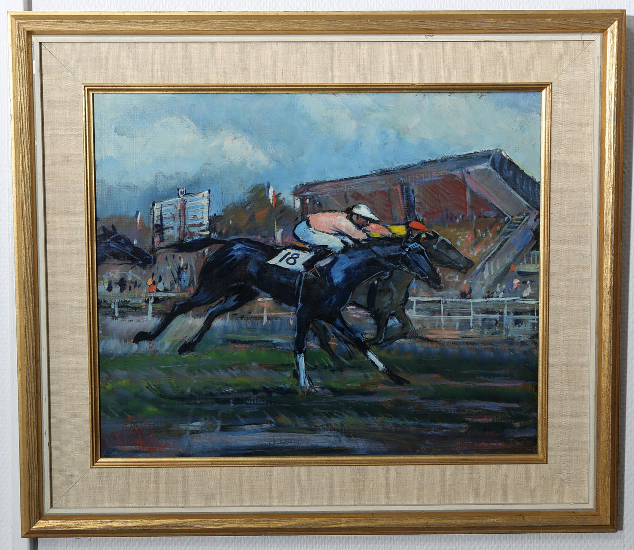 OIDENTIFIERAD KONSTNÄR. Olja på pannå, Hästkapplöpning, signerad R Mariel.