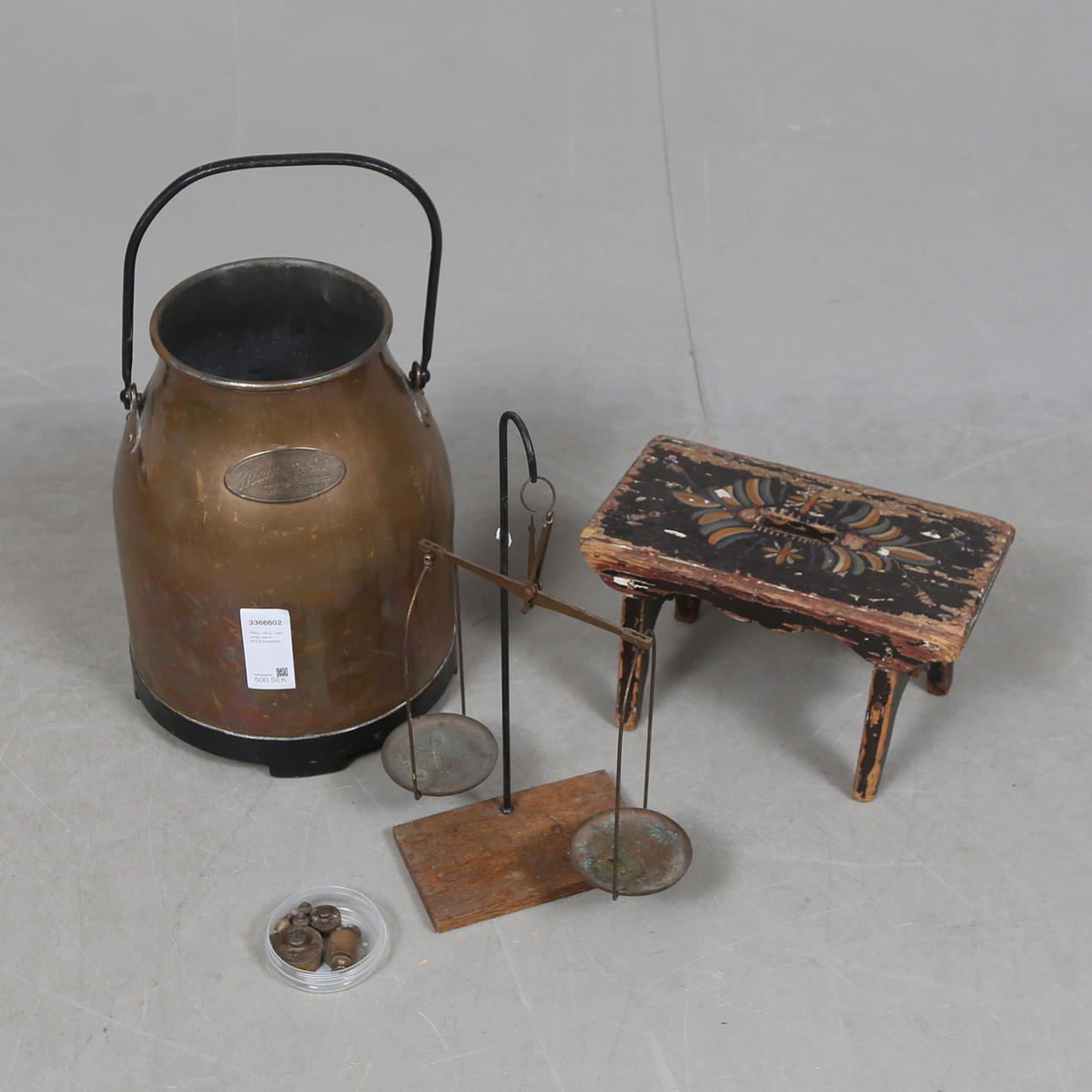 PALLET, SCALE, with weights and MILK JUG.
