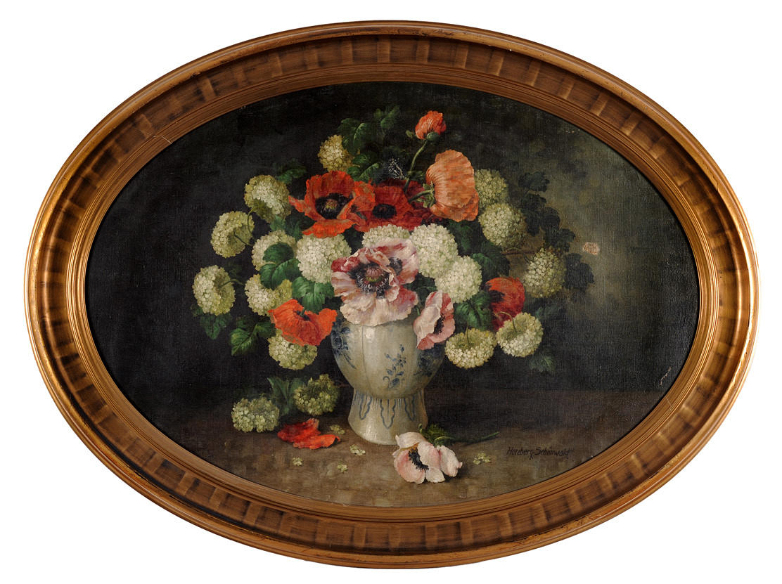 SIGNIERT HERZBERG-SCHÖNWALD. Stilleben med vallmo och blommor i fajans vas.