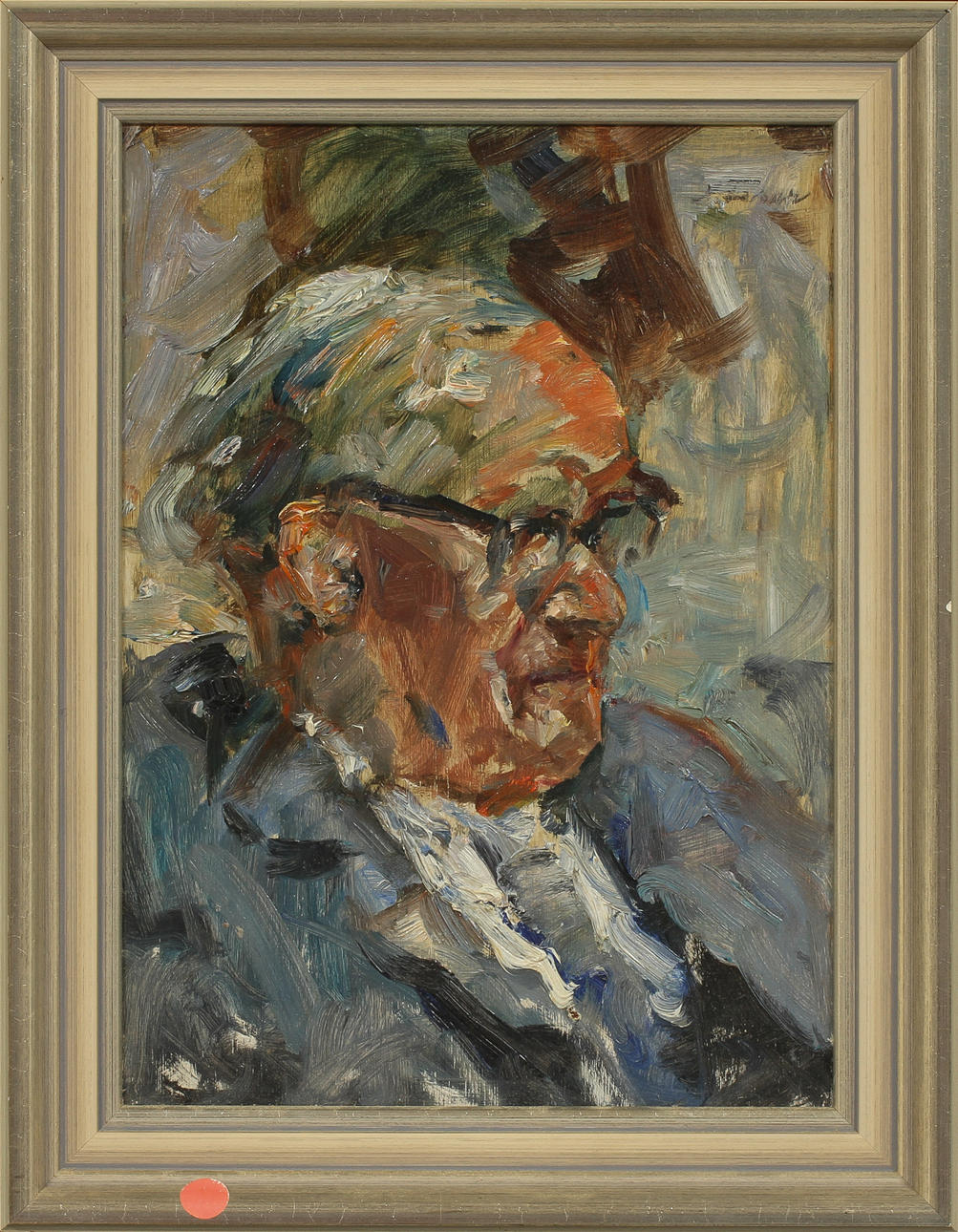 ALBERT  FESER. Herrporträtt. Olja på pappannå, signerad.