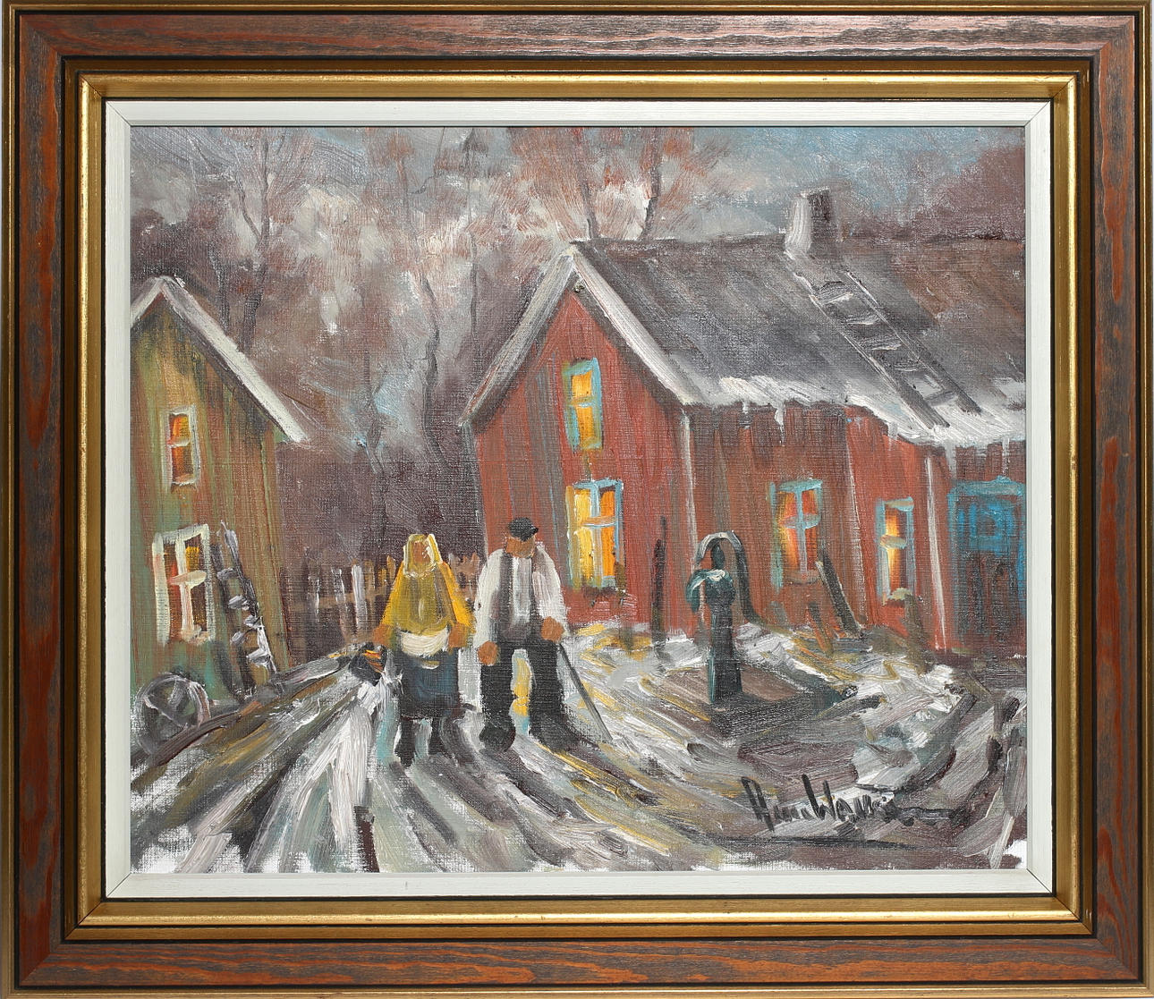 RUNE WALLSTRÖM. Gubbe och gumma på kvällspromenad, olja på duk, signerade Rune Wallström.