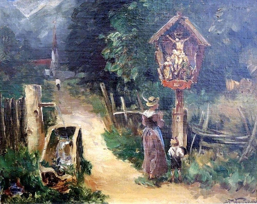 JOSEF WOPFNER. TILLSKRIVEN. MÅLNING, Josef Wopfner, mor med barn på Marterl, olja/kartong.