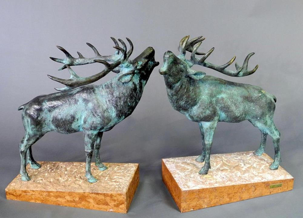 SKULPTUR, brons, 2 hjortar, Frankrike, 1800-tal århundrade.