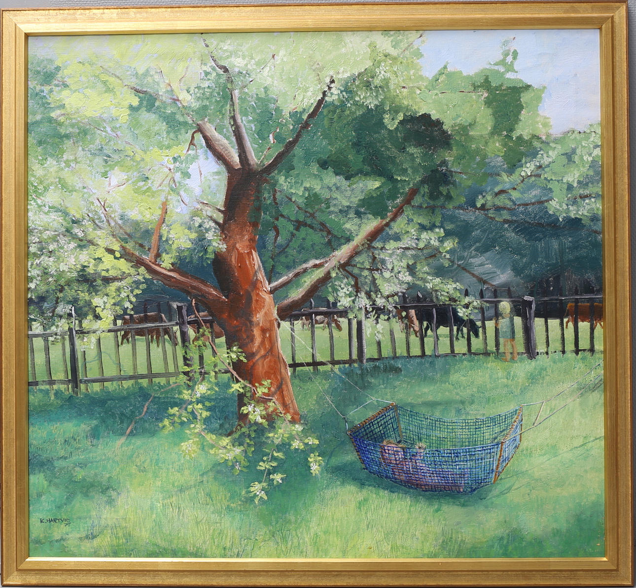 KARIN HARTVIG. Sommar i trädgården. Olja på duk, signerad och daterad 75.