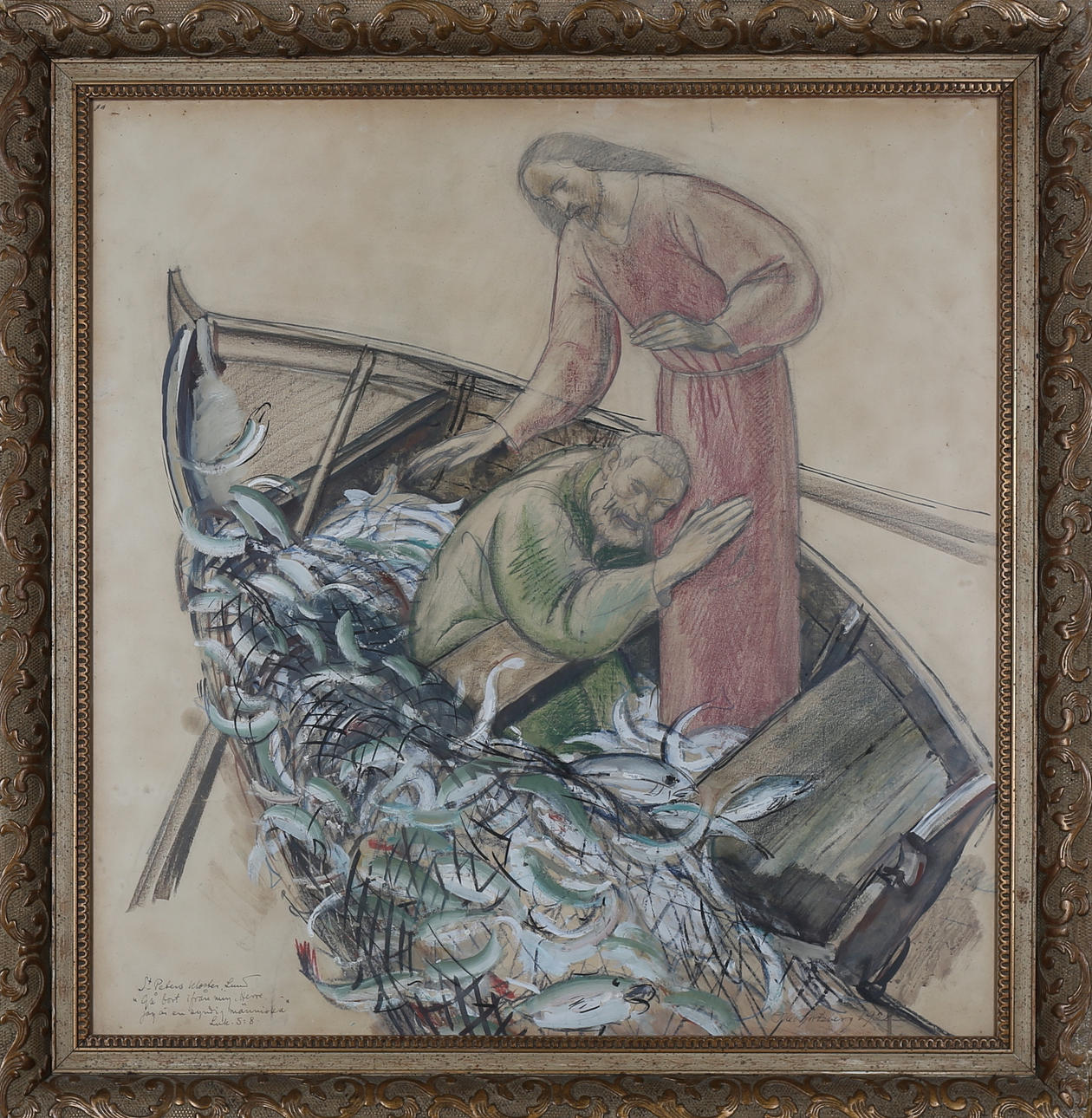 OLLE HJORTSBERG. Fiskaren och Jesus, blandtekning, signerad och daterad 1928.
