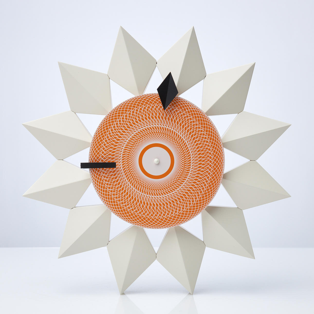 GEORGE NELSON. Wall clock, “Diamond markers clock”, Vitra, orange and white lacquered dial in metal, white lacquered walnut frame, battery powered.